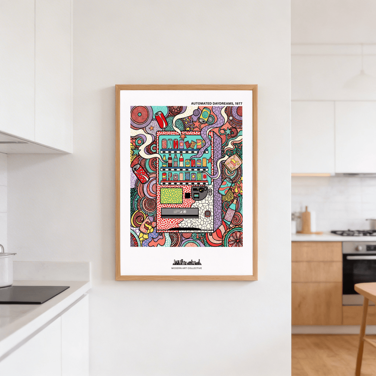 Vending Machine Art Print framed on a grey wall in a kitchen with wooden cabinets