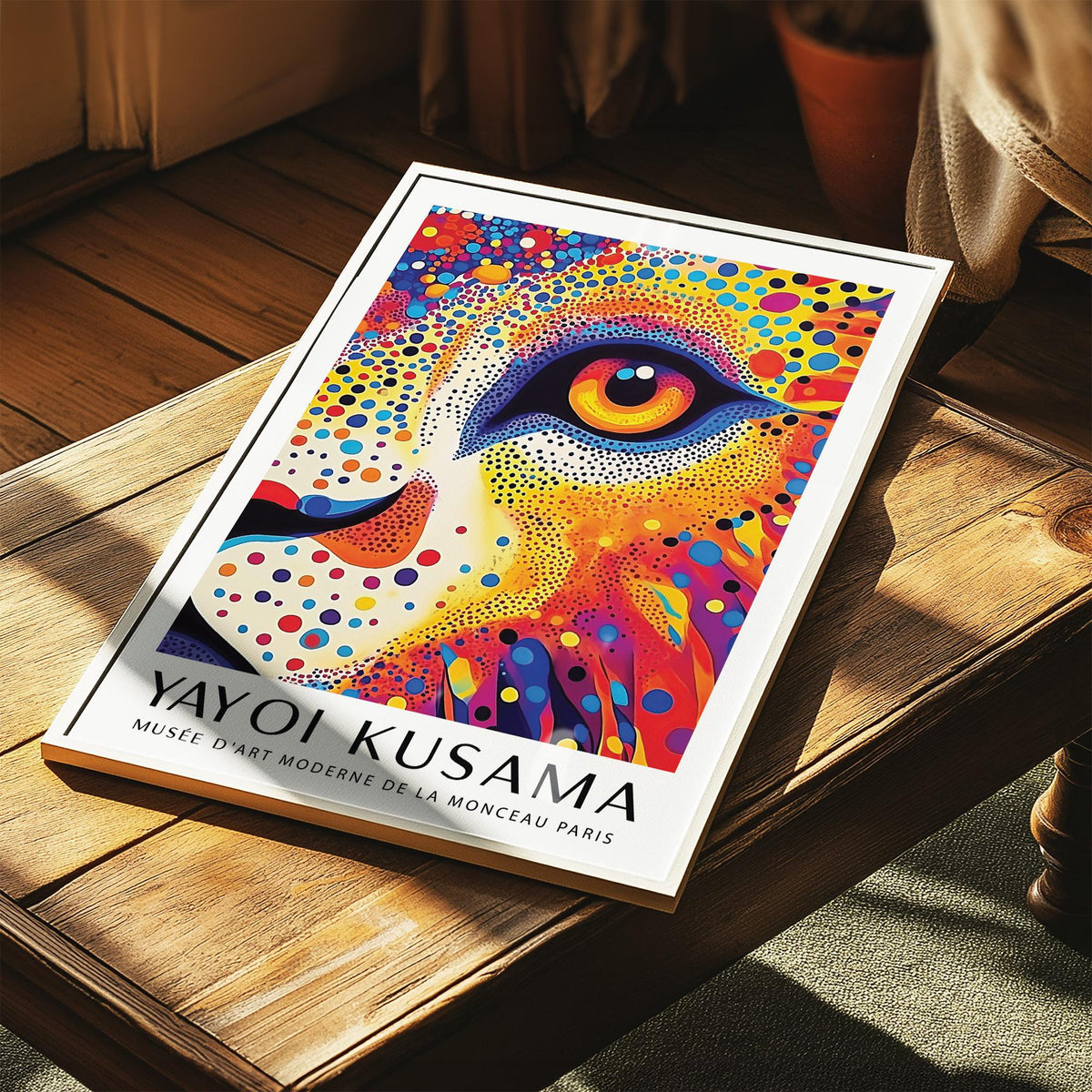Lion Animal Poster leaning on a wooden surface with sunlight showing a colourful dotted lion face
