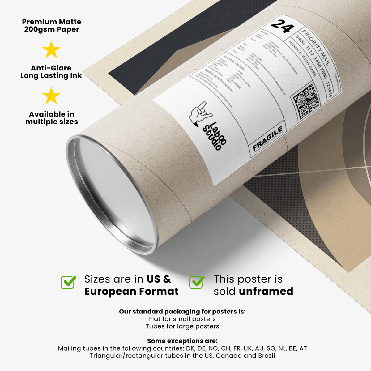 Packaging tube with label on minimalist geometric racing poster rolled inside