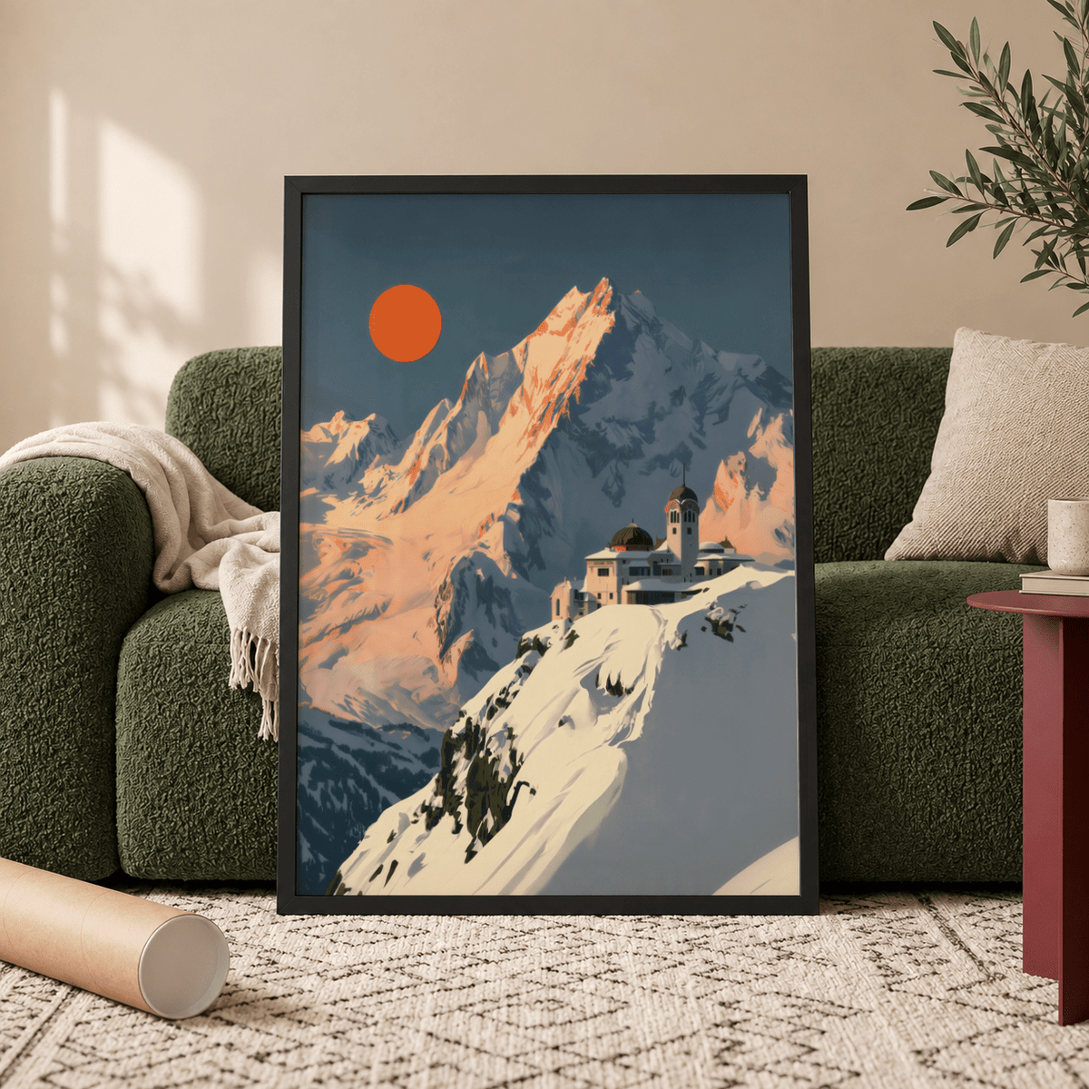 Framed Art Deco Mountain Poster on a green sofa with snowy peaks and an orange sun