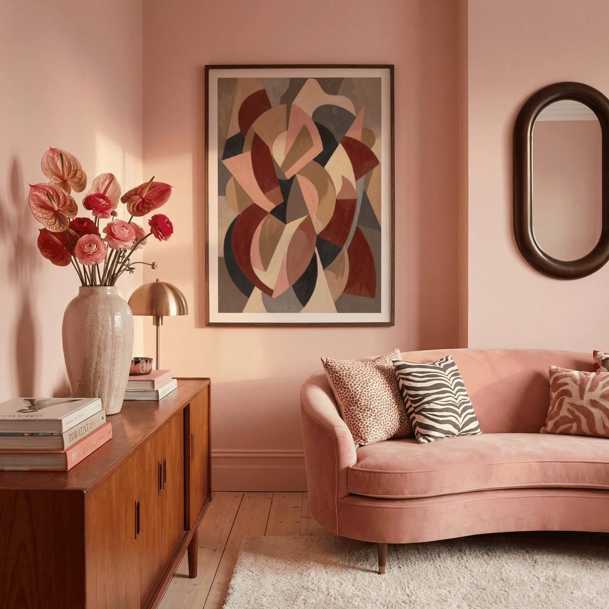 Minimalist Abstract Wall Art with muted reds and greys above a wooden sideboard in a living room