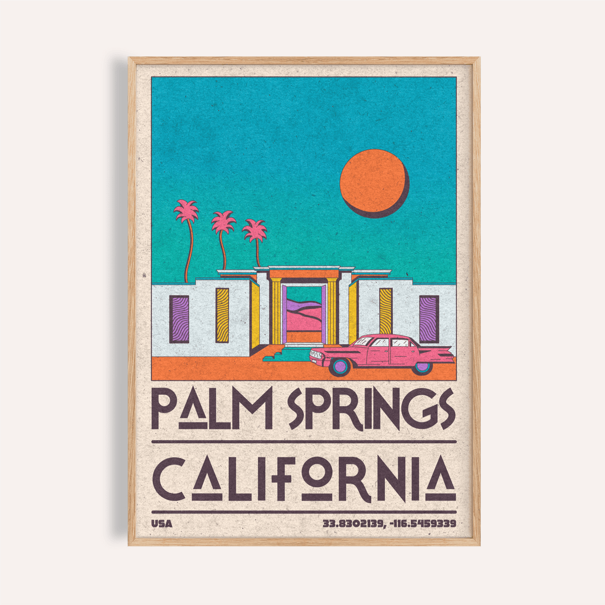Framed Palm Springs art print of a retro desert house with pink car and orange sun
