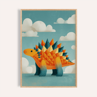 Framed print of a cute Dinosaur Art Print with an orange stegosaurus against a cloudy blue sky
