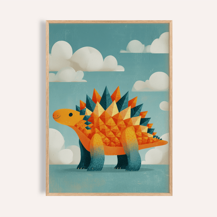 Framed print of a cute Dinosaur Art Print with an orange stegosaurus against a cloudy blue sky