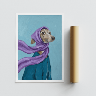 Dressed Up Dog Art print of a dog in a purple scarf with a blue background beside a packaging tube
