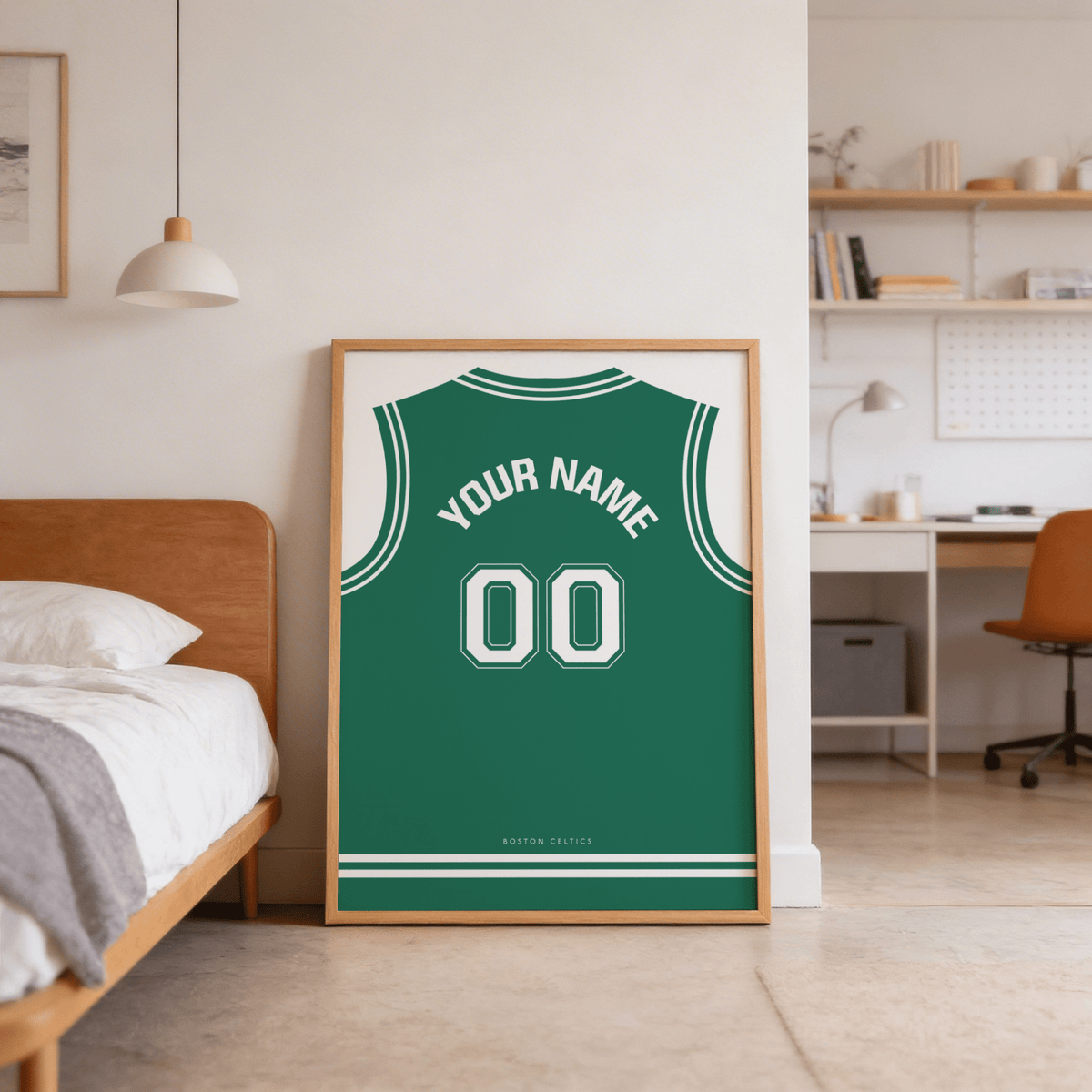Basketball Jersey Poster in Green with White Number leaning on the floor next to a wooden bed