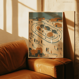 Framed Winter Village Art Print leaning on a brown leather sofa with shadows on the wall