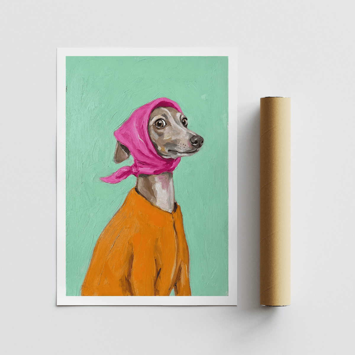 Greyhound Poster showing a greyhound dog in a pink headscarf and orange top with a mint green background beside a packaging tube