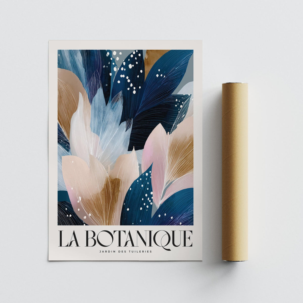 Brume Florale print with abstract floral leaves in blue pink and brown tones alongside a packaging tube