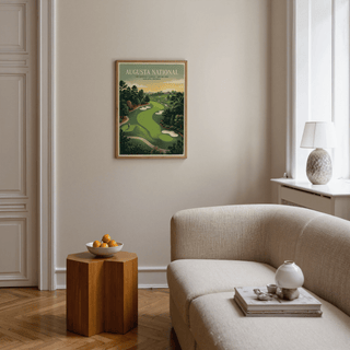 Southern Golf Course Poster print on a beige wall with a wooden frame above a wooden side table with a bowl of oranges