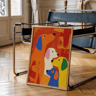 Print leaning on a chair of colourful abstract dogs in orange, yellow and blue on a wooden floor
