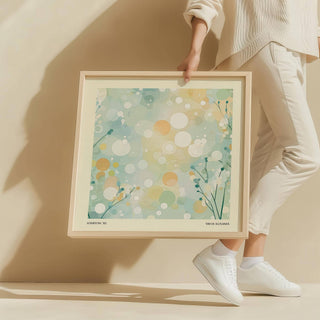 Framed print close-up of abstract circles and dots in soft pastel hues held by person in white clothing
