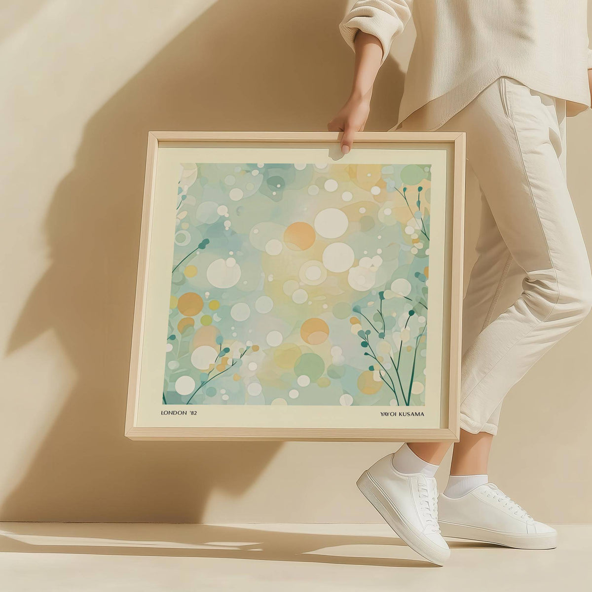 Framed print close-up of abstract circles and dots in soft pastel hues held by person in white clothing