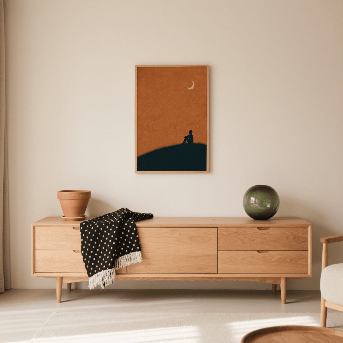 Night Silhouette Poster print on a wall above a wooden sideboard with a polka dot blanket and green vase