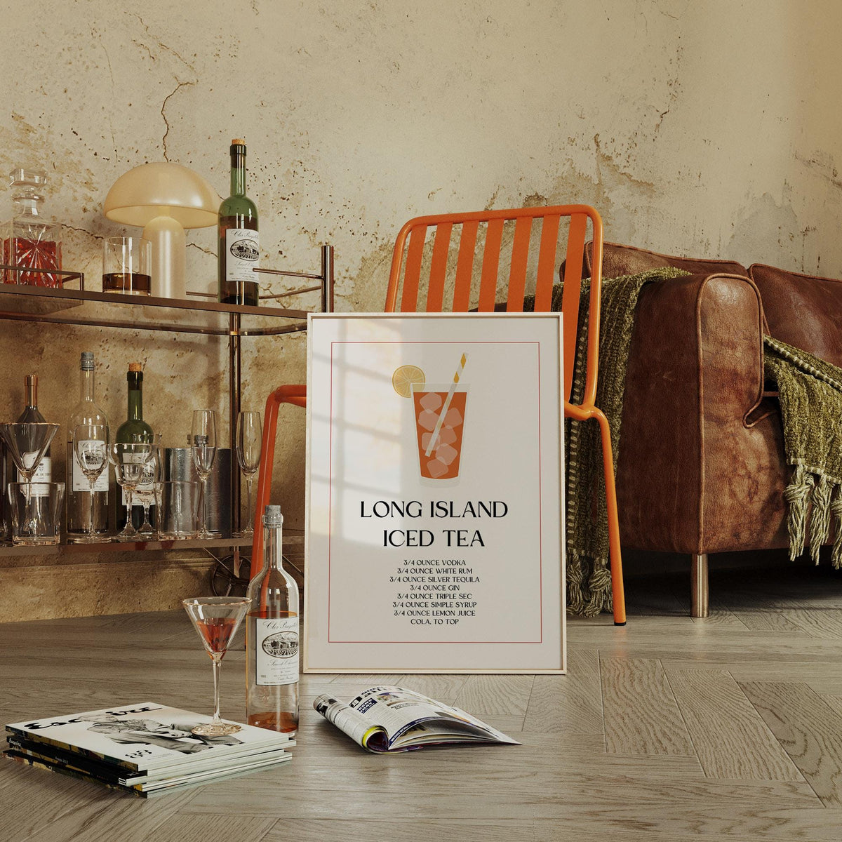 Bar Sign Decor print of a Long Island Iced Tea cocktail leaning on a floor next to an orange chair and magazines