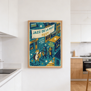 Print of a Paris Jazz Poster with a fox playing drum in blue and yellow tones in a kitchen