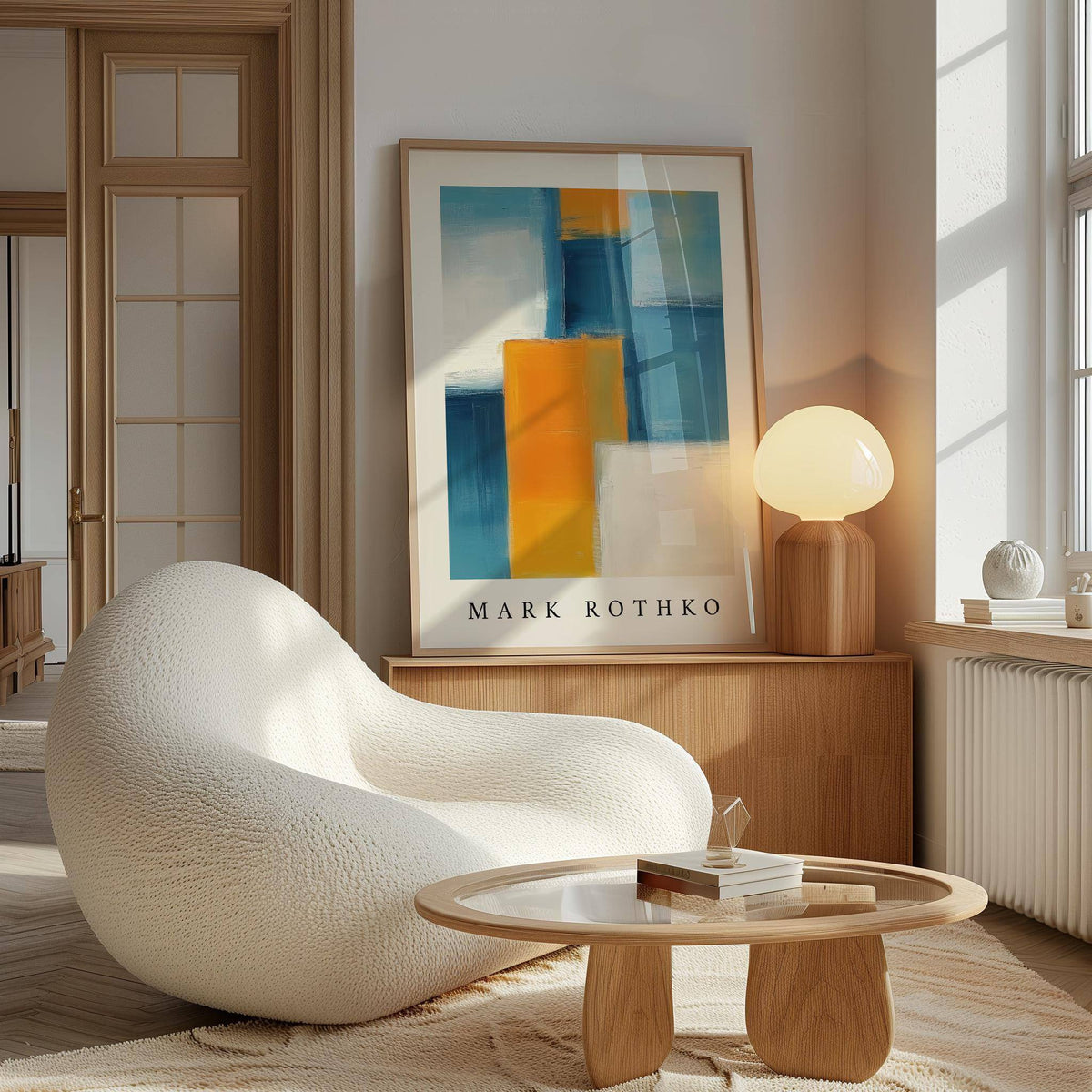 Blue and Yellow wall art leaning on a wooden sideboard near a lamp in a living room
