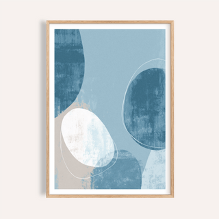 Framed contemporary pattern poster with abstract ocean shapes in blue and beige tones