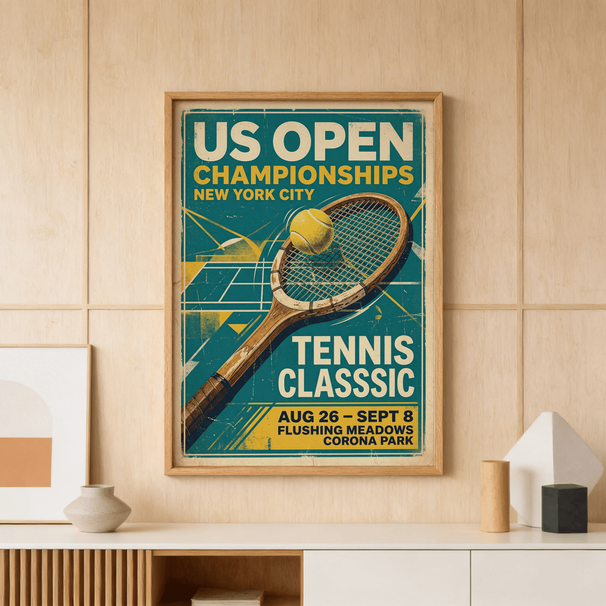Print on a wall of vintage New York tennis print in retro colours above sideboard with vases