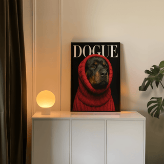 Print of Rottweiler art wearing red sweater on a white cabinet with a glowing lamp