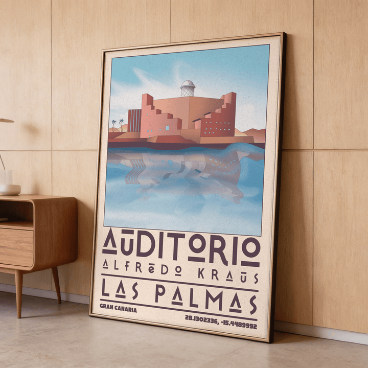Framed Art Las Palmas print of the Alfredo Kraus Auditorium with blue sky and water near a mid-century style cabinet