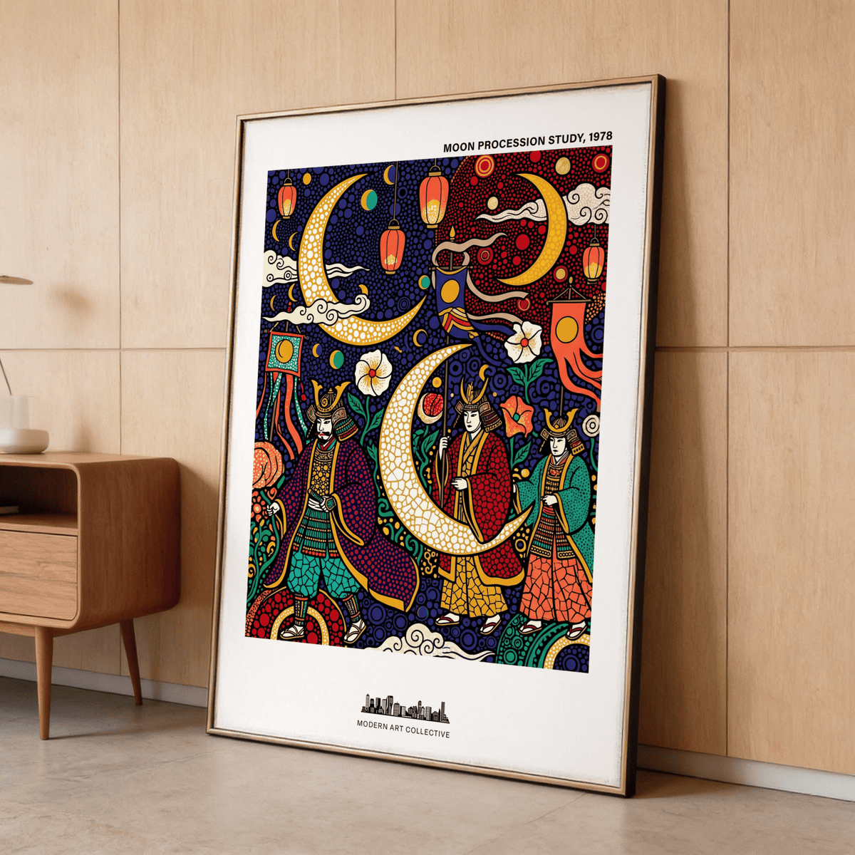 Japanese Festival Print framed close-up of a colourful moon procession with figures in traditional dress and lanterns leaning against