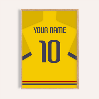 Framed Football Shirt Poster in Yellow with Dark Blue Cuffs showing the number 10 and name text