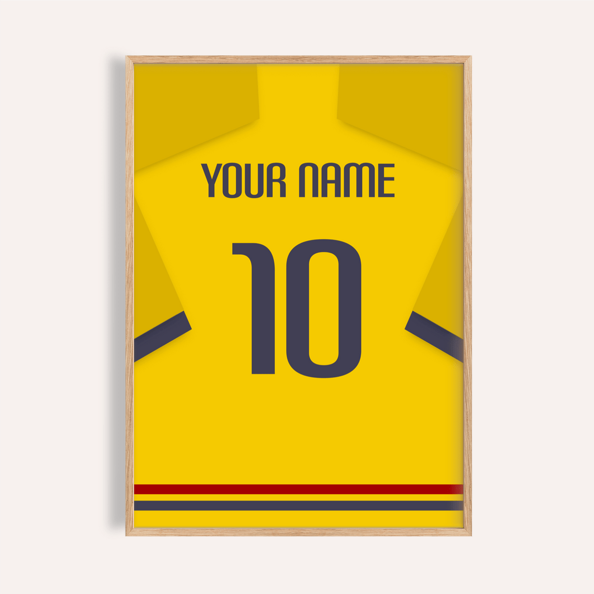 Framed Football Shirt Poster in Yellow with Dark Blue Cuffs showing the number 10 and name text