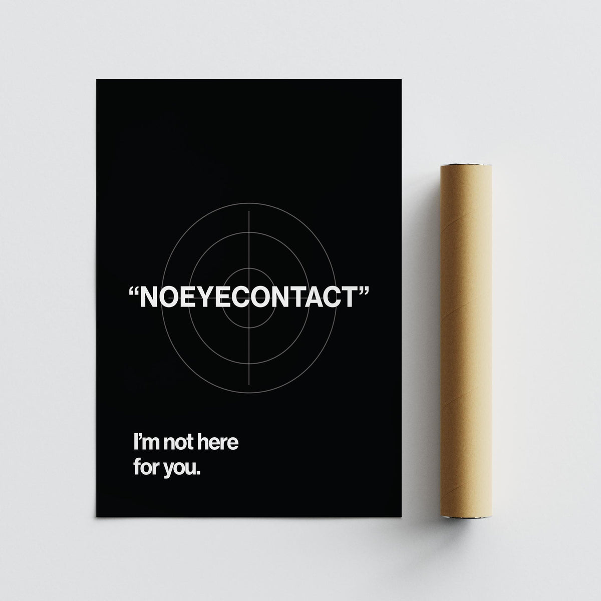 Gym art typographic print with white text on black background and a brown packaging tube
