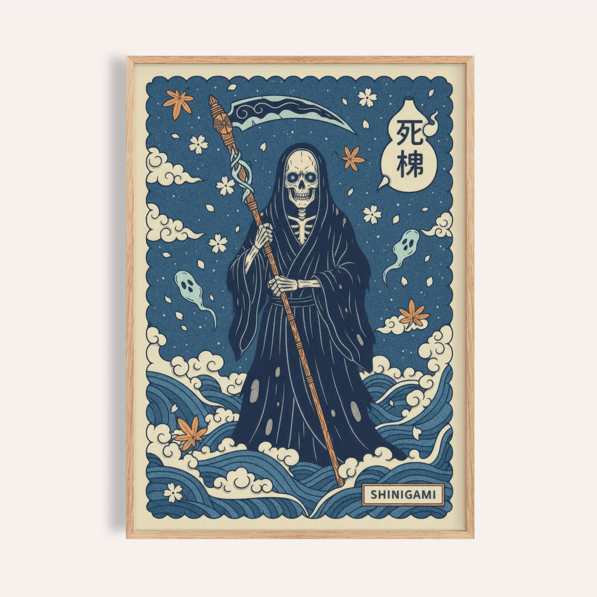 Framed Shinigami art with blue and beige tones in japanese ink style