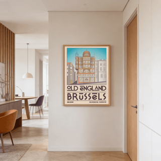 Brussels Architecture Print framed print of an illustrated Old England building in muted tones in a modern dining room