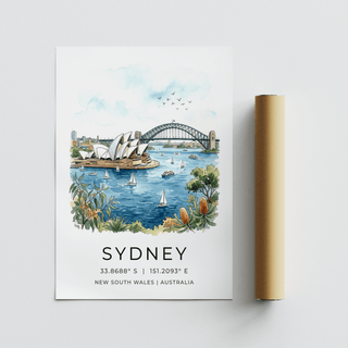 Sydney watercolor art print with a harbour scene and a packaging tube