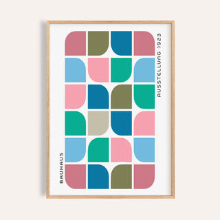 Framed Block Colour wall art with geometric blocks in blue, pink, green and beige colours