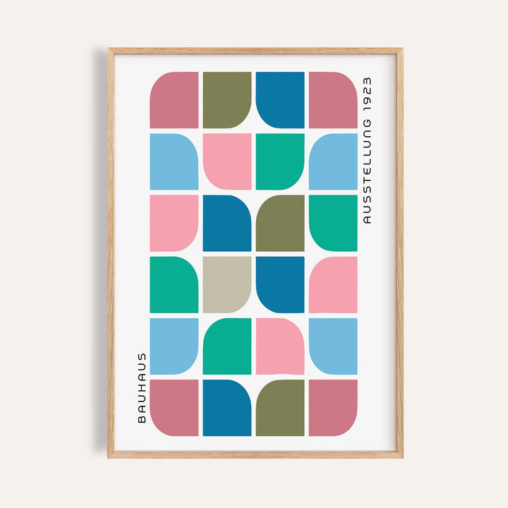 Framed Block Colour wall art with geometric blocks in blue, pink, green and beige colours