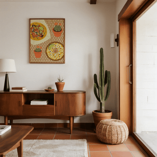 Taco wall art in illustration style with warm colours hanging above a wooden sideboard in a living room