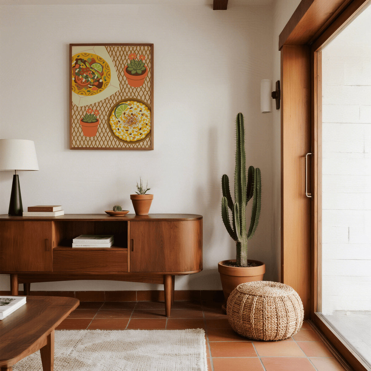 Taco wall art in illustration style with warm colours hanging above a wooden sideboard in a living room