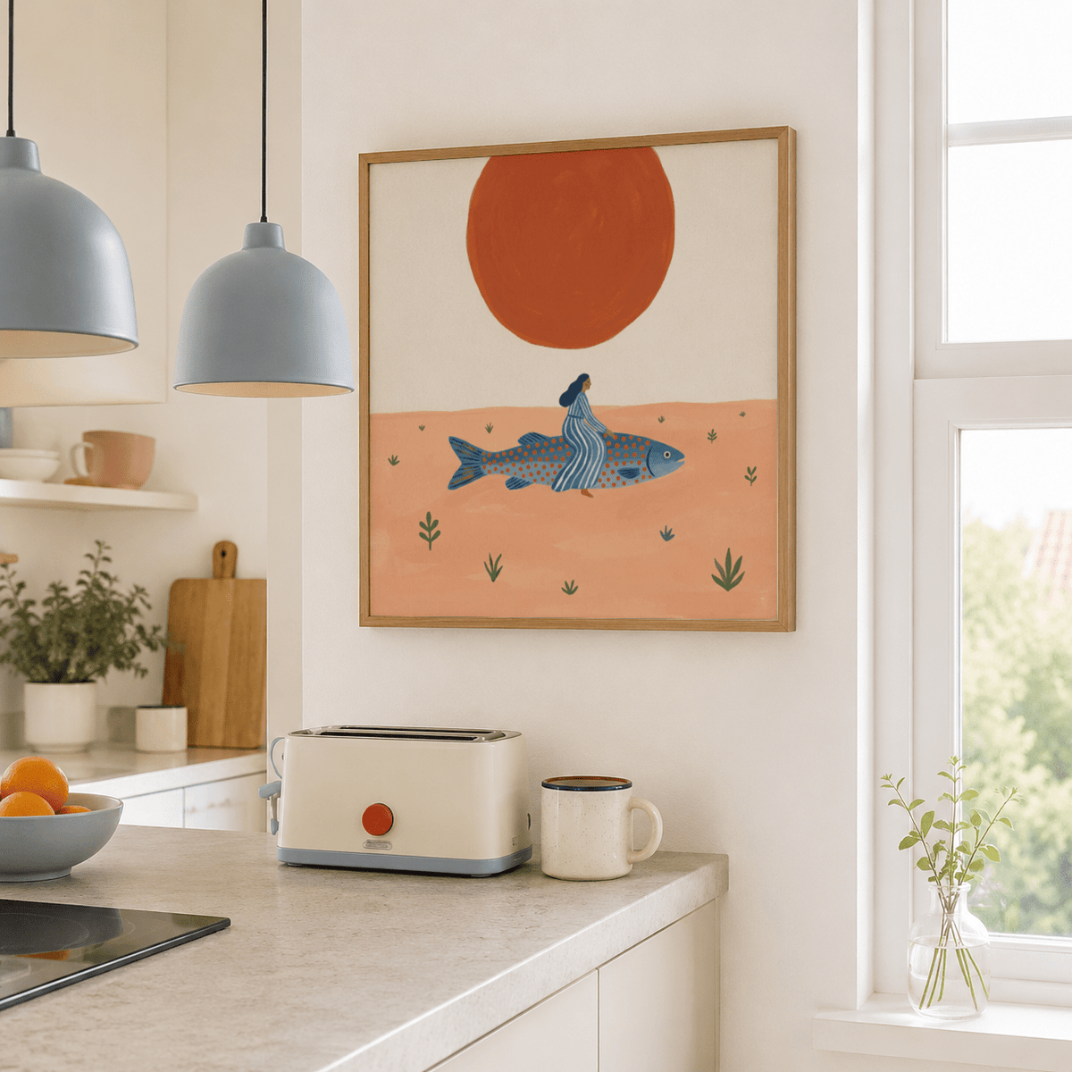 Surreal Fish Art Print in a kitchen with a woman riding a blue fish under a large red sun