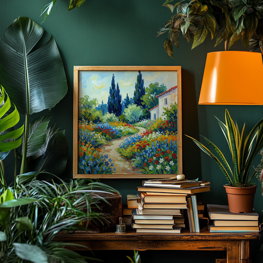Vibrant Flower Art Print leaning on a shelf with a stack of books and plants around