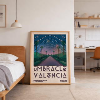 Poster Valencia print leaning on a bedroom floor under hanging lamp with contemporary style