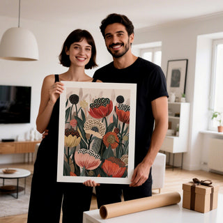 Art with Poppies held by smiling couple with abstract floral illustration in warm tones