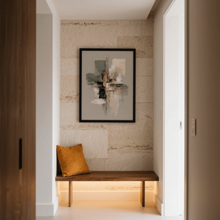 Wall print abstract with muted green, black, and beige shapes above a wooden bench with an orange cushion