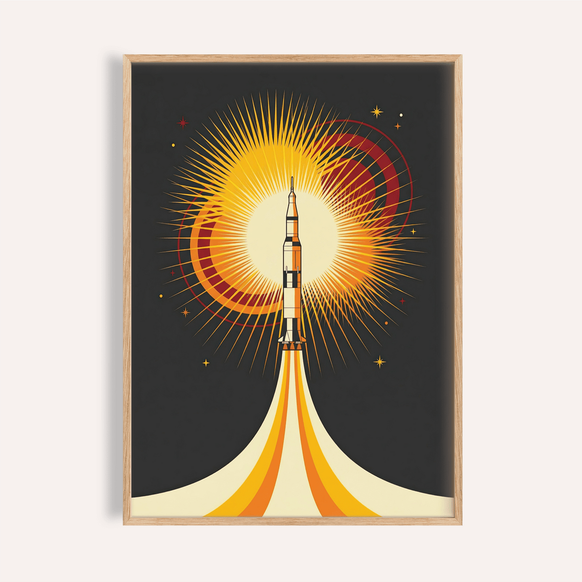 Framed Rocket Launch Art Print with retro sunburst background and bold yellow and orange flames