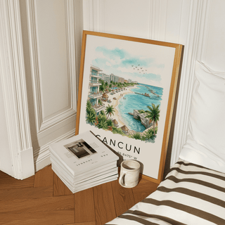 Print leaning on floor of Cancun Beach Art Print with blues and greens beside books and mug