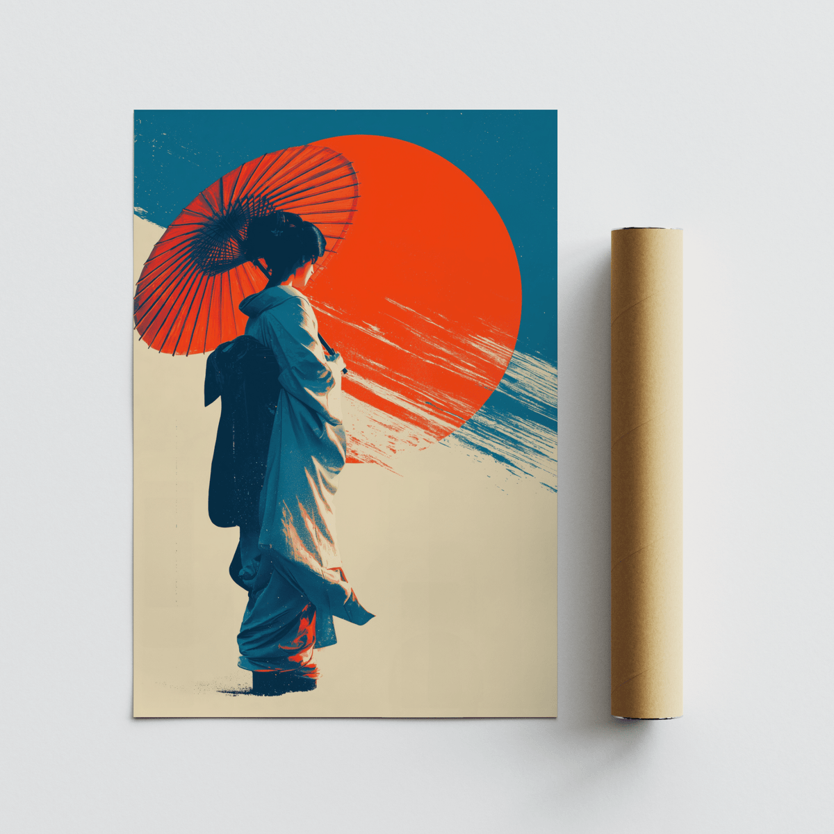 Blue kimono Japanese Geisha Pop Art poster for modern living room, accented by Red and Beige