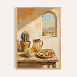 Framed Mexican Food Art of tacos and guacamole on a wooden table with cactus and jug