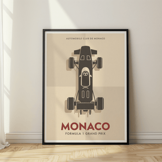 Minimalist motorsport wall art print showing overhead single-seater vehicle graphic and vintage style