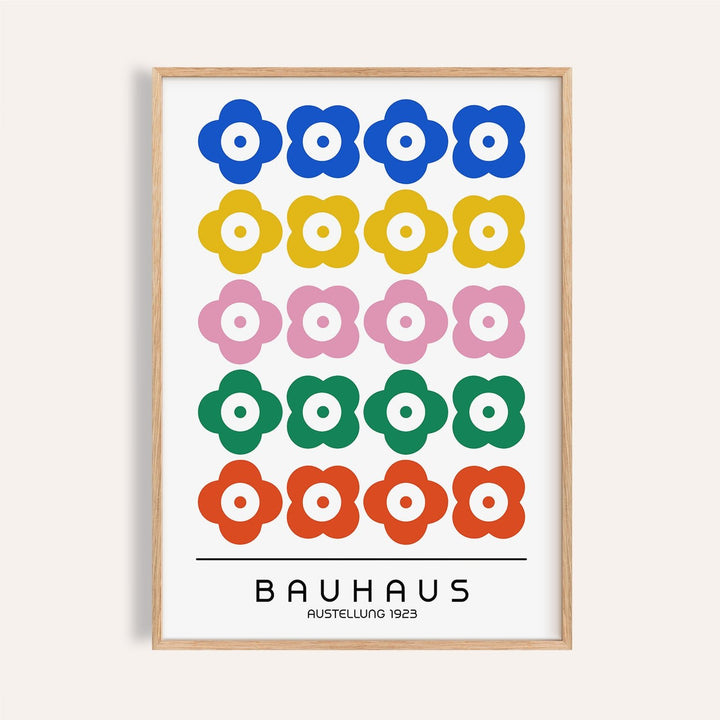 Framed Bauhaus Print Design with colorful stylized flowers and typography on a white background