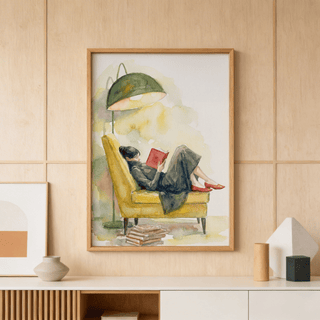 Framed Woman Reading In Armchair Print of a woman reading a red book on a yellow armchair with a green lamp above on a wooden wall