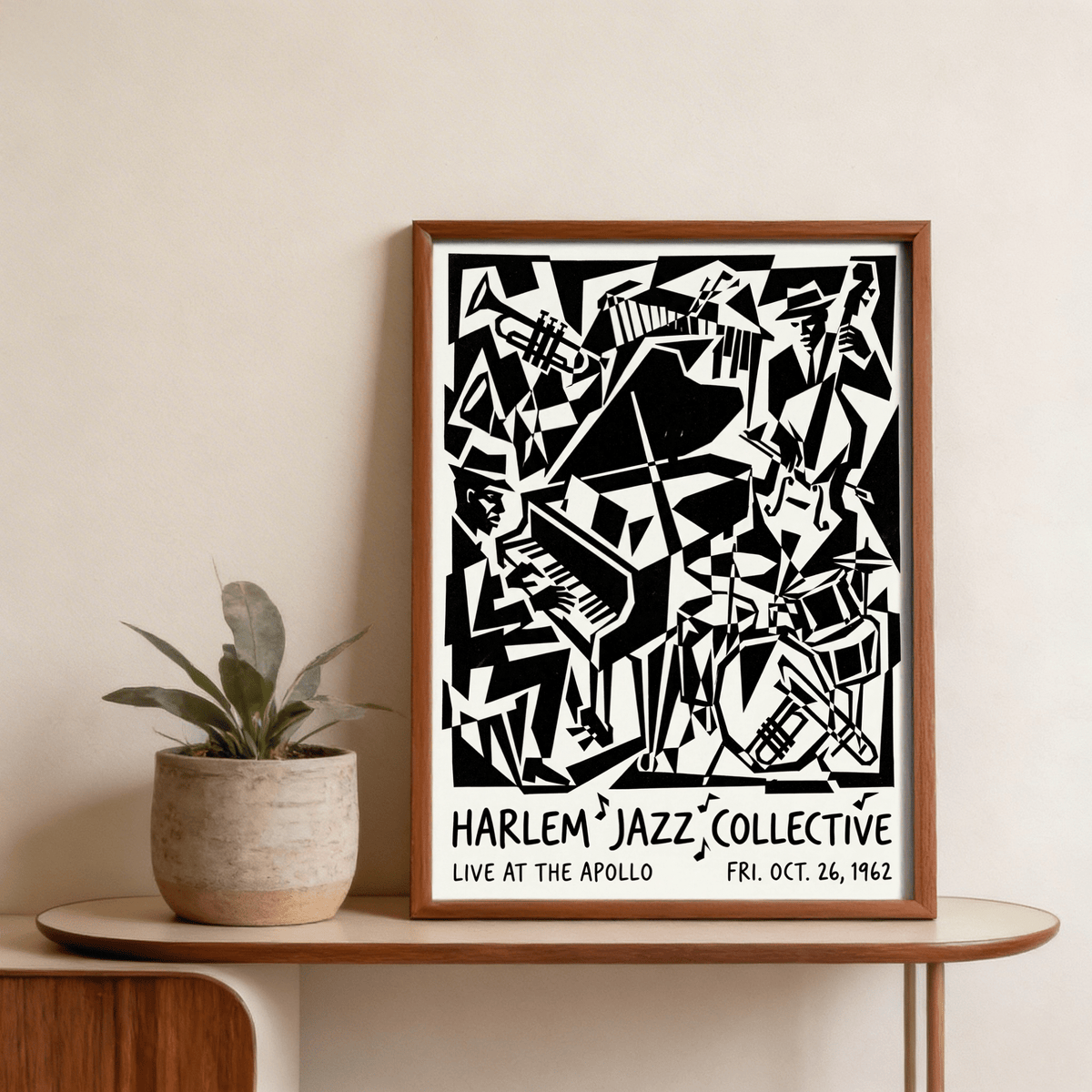 Framed Harlem Jazz Print of an abstract jazz band in black and white on a wooden table with a potted plant