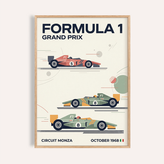 Three Classic Racing Cars Poster showing three vintage racing cars stacked on track lines